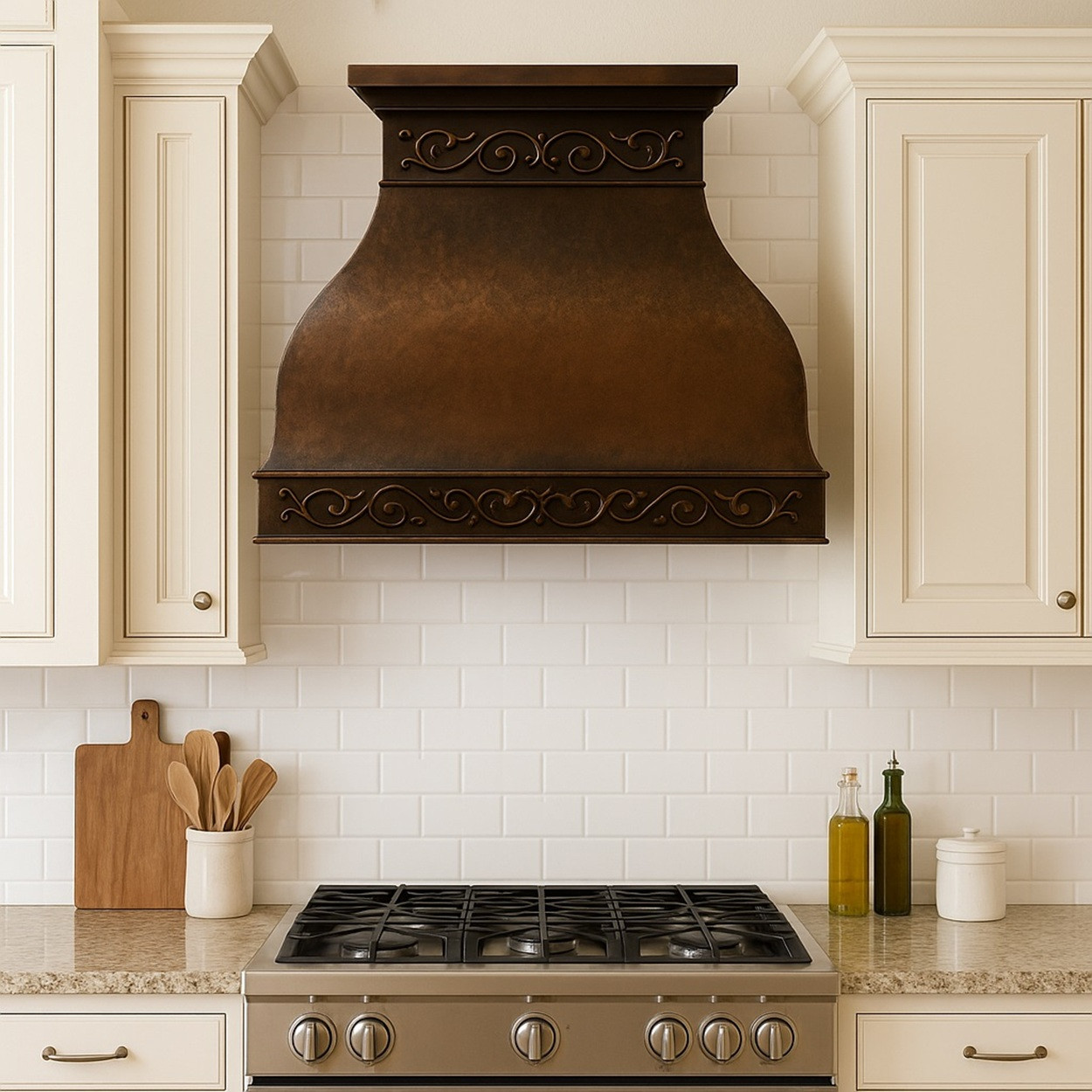 Mediterranean kitchen with hammered copper range hood, rounded bell body, scrollwork bands, tile backsplash, and plaster walls