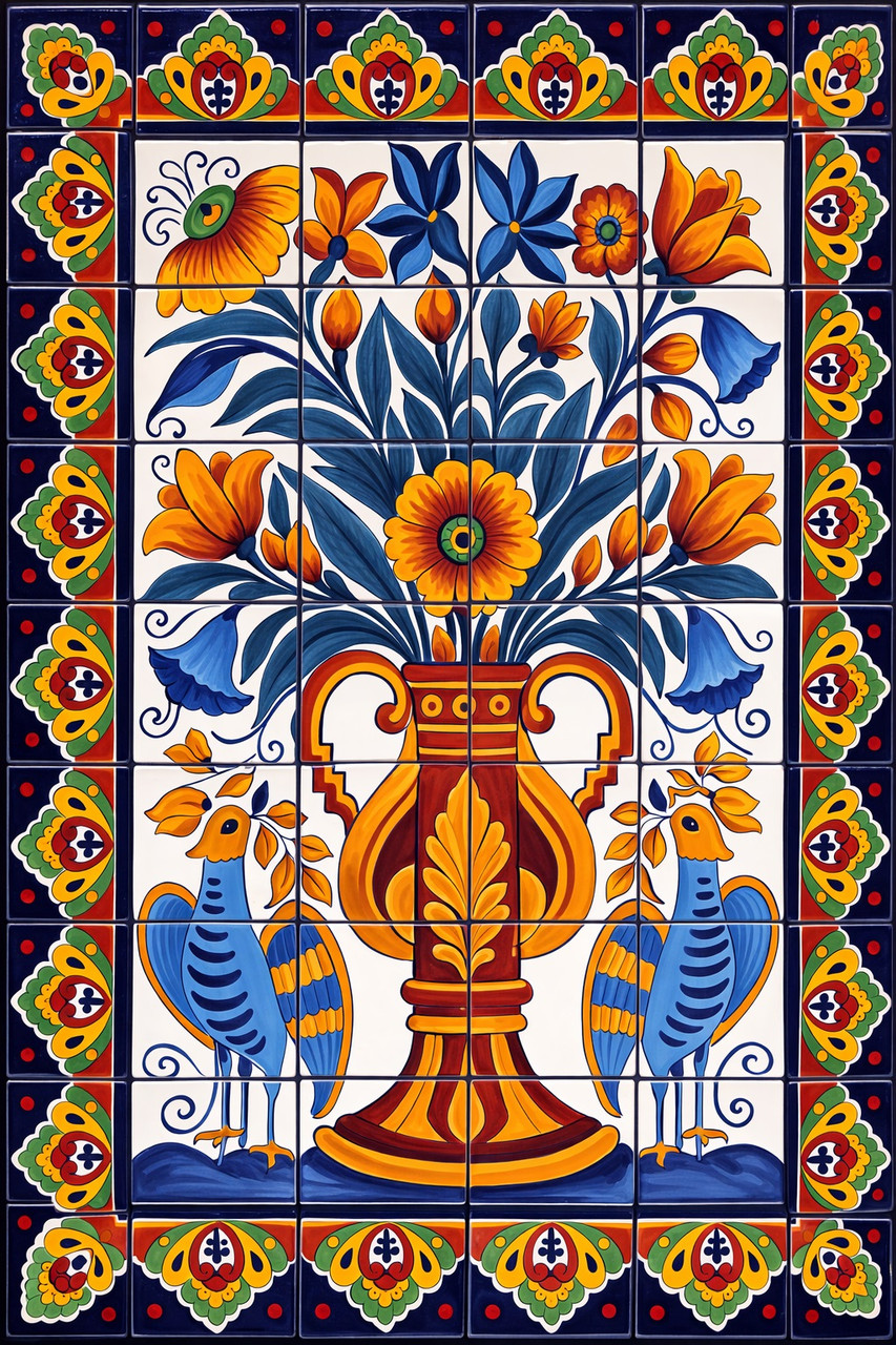 Talavera birds and floral vase mural