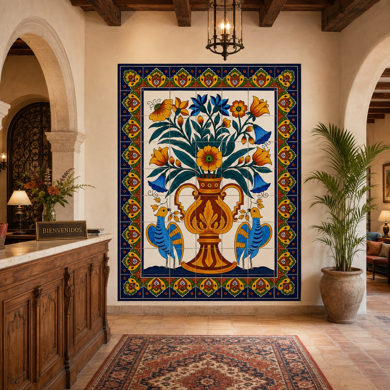 Talavera birds and floral vase mural in a boutique hotel with artisan decor and warm lighting.