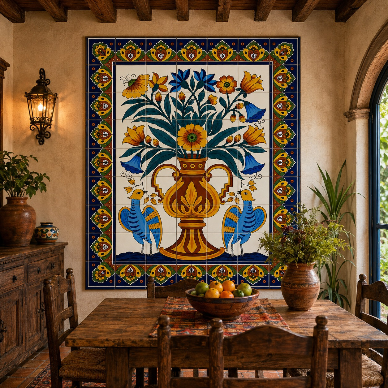 Talavera birds and floral vase mural in a rustic dining room with timber accents and pottery.