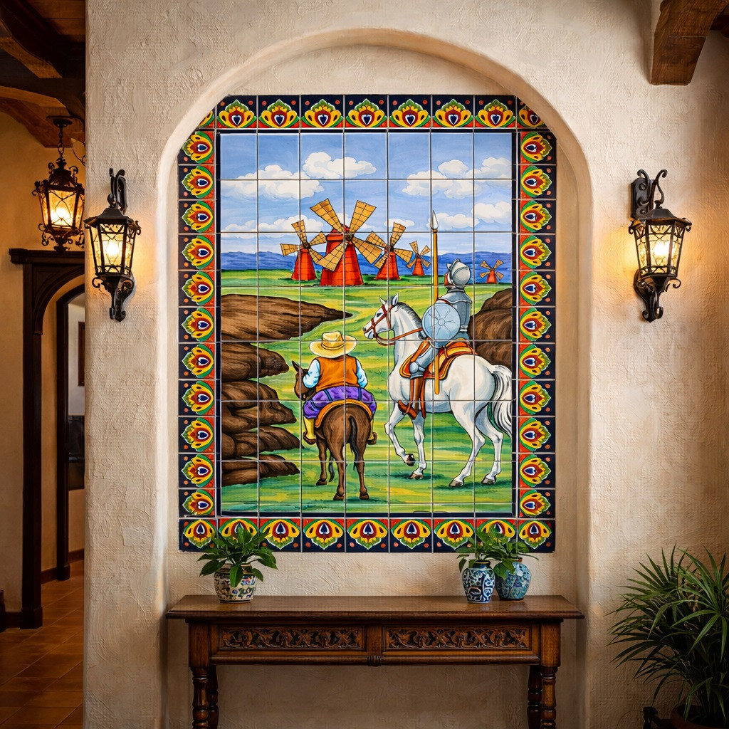 Don quijote talavera tile mural integrated into a classic Spanish Revival architectural wall design