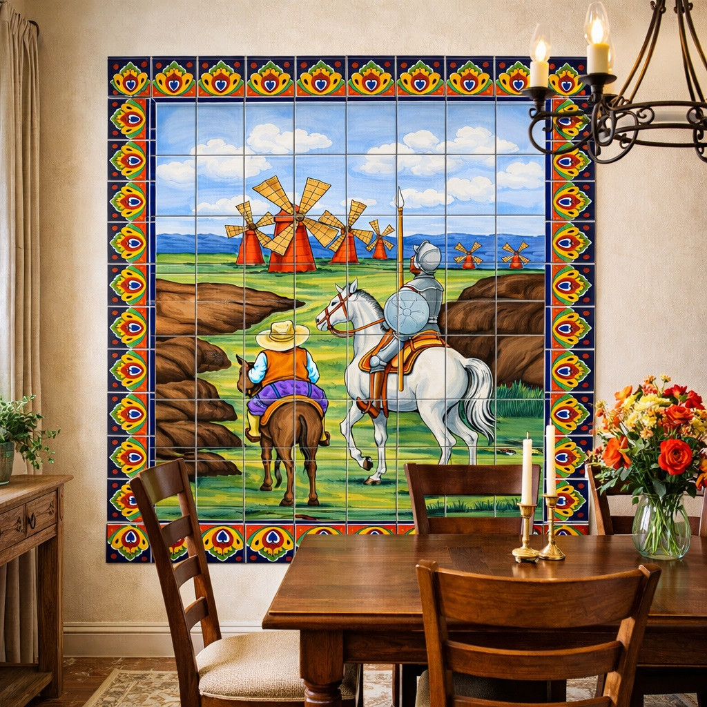 Don quijote talavera tile mural used as a vibrant dining room accent wall in a traditional house interior