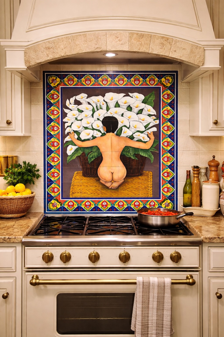 Calla lilies figurative talavera tile mural displayed in a kitchen as a handcrafted focal wall with warm color presence