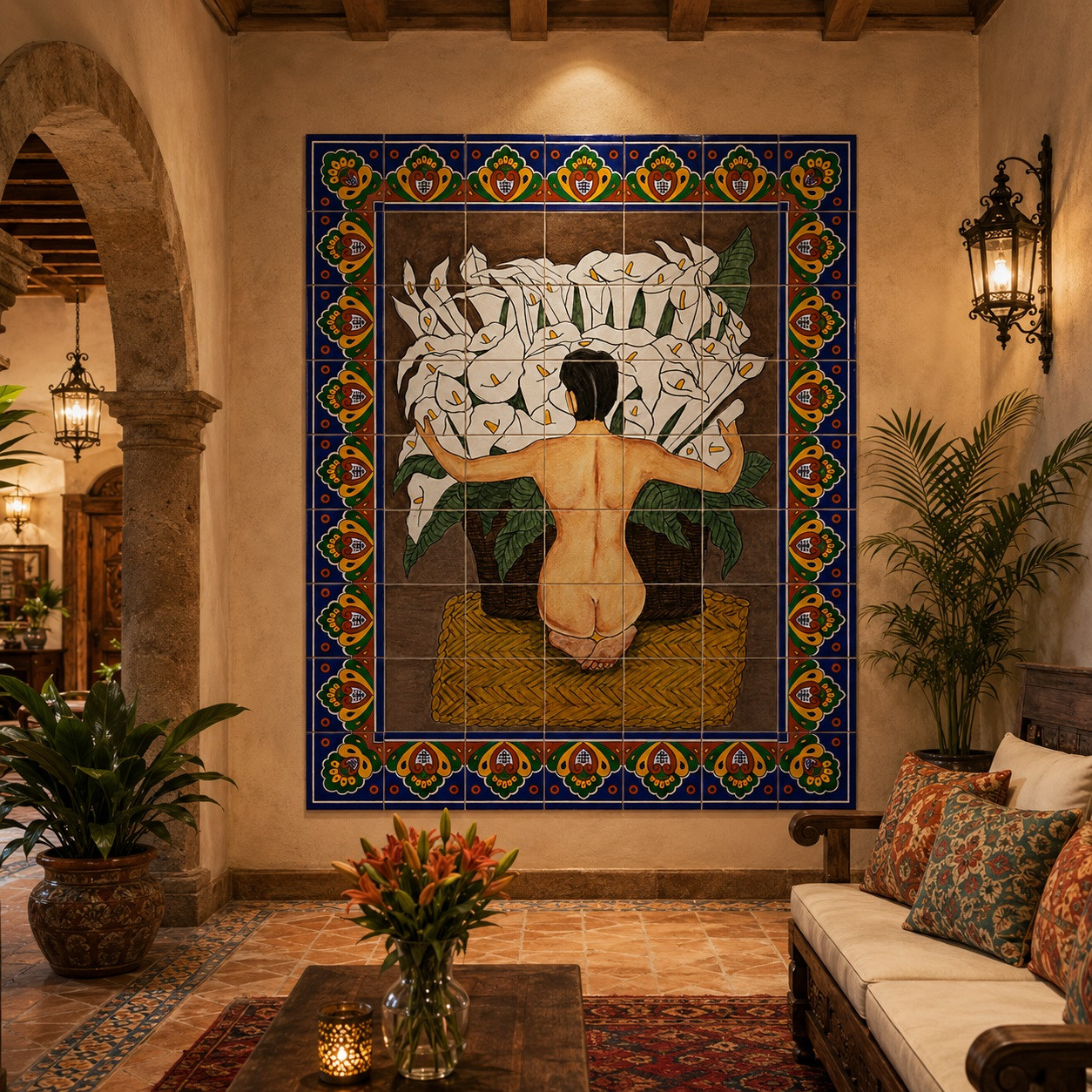Calla lilies figurative talavera tile mural in a boutique hotel with Mexican decor and lighting.