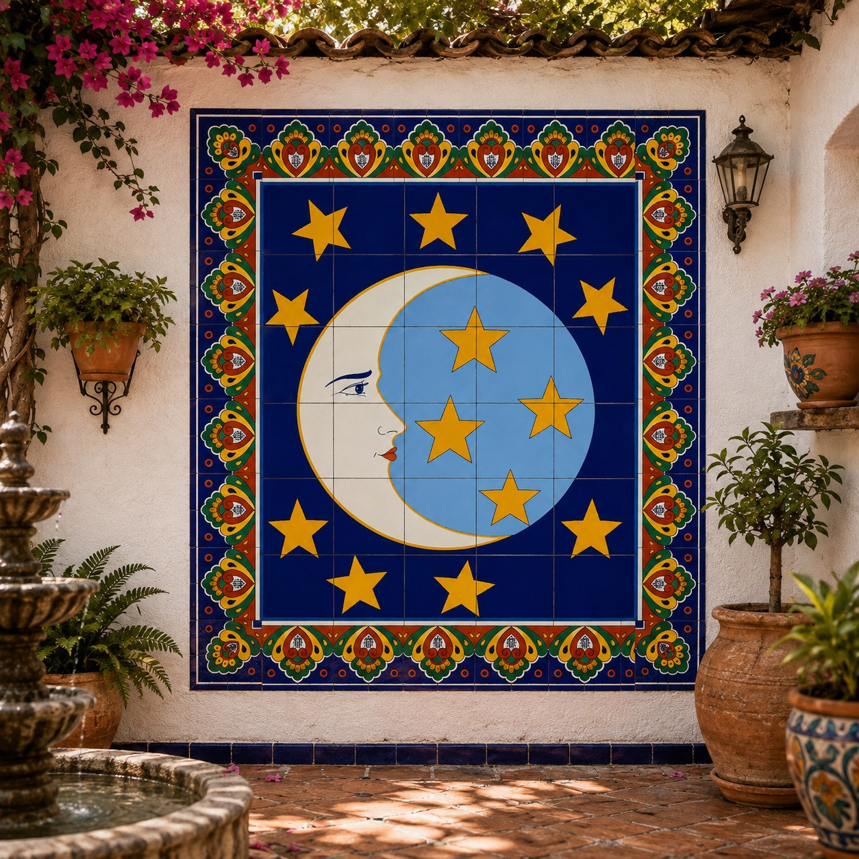 Moon and stars talavera tile mural featured on a courtyard wall with greenery and rustic charm