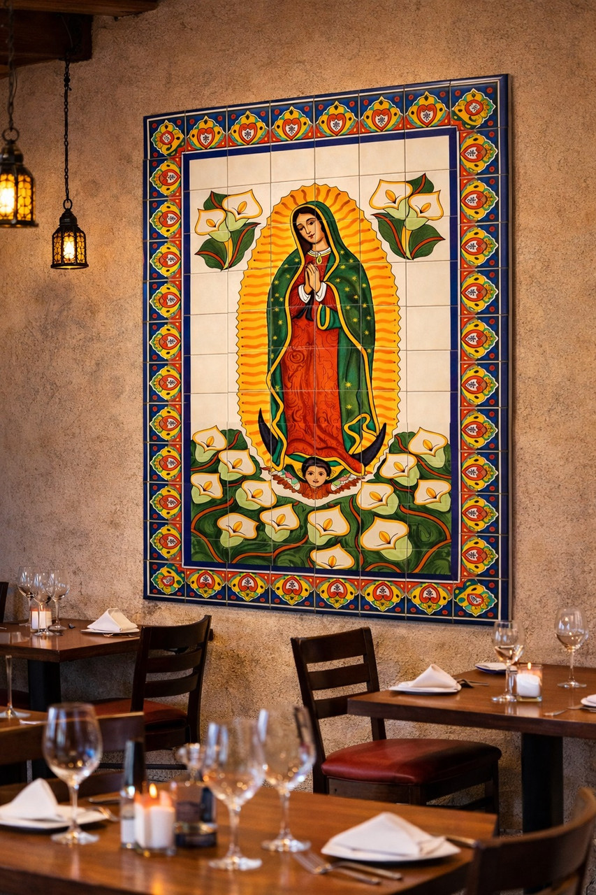 Virgin Guadalupe talavera religious tile mural displayed on a restaurant wall adding cultural and spiritual presence