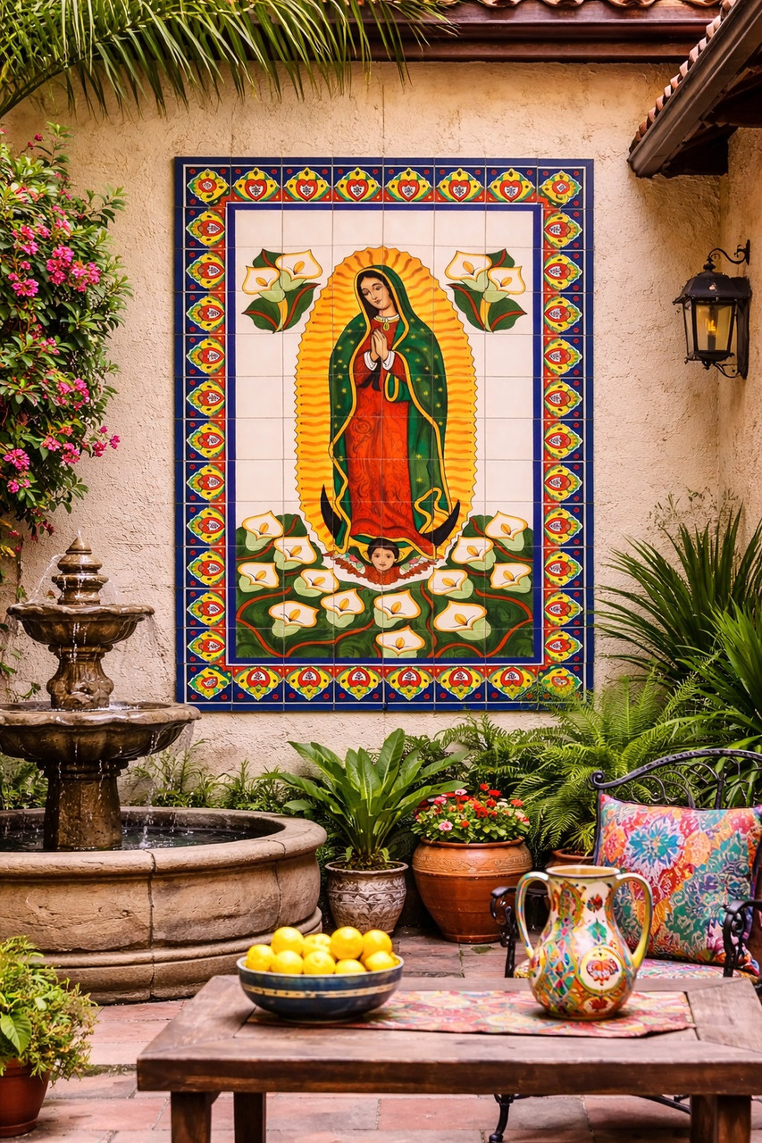 Virgin Guadalupe talavera religious tile mural placed in a house courtyard enhancing the space with sacred artistry