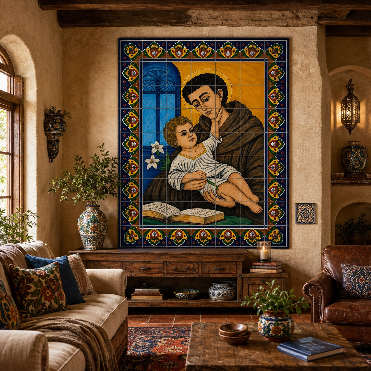 Saint Anthony talavera tile mural in a rustic living room with wood beams and artisan decor.