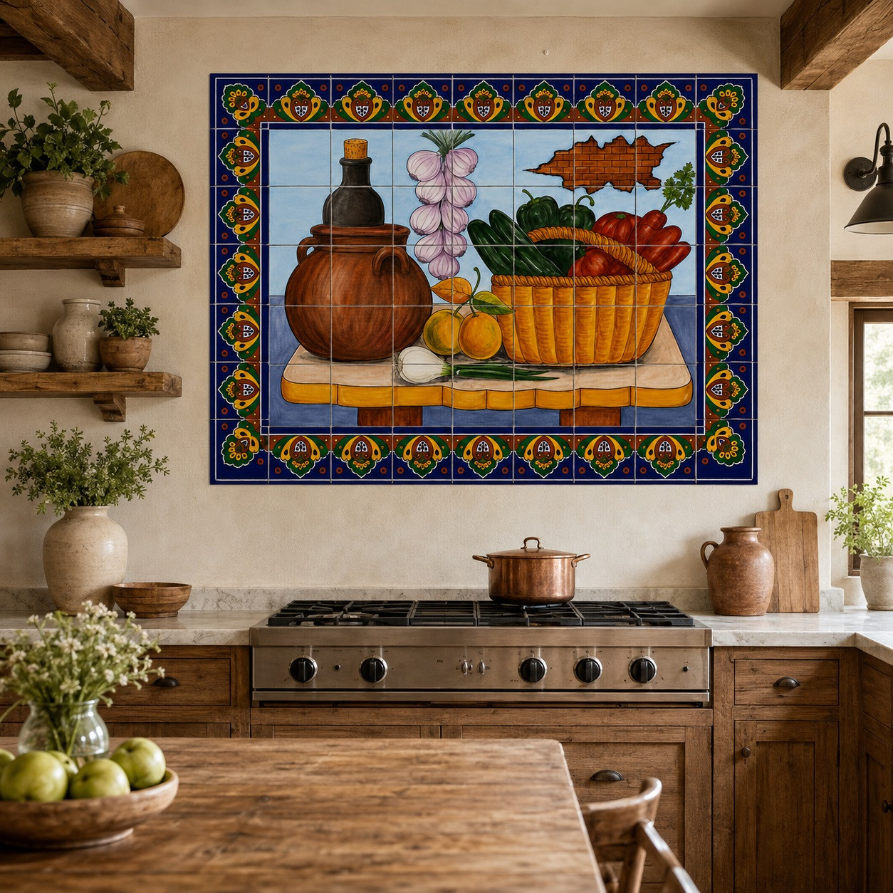Mexican tile mural kitchen with vegetables in a farmhouse kitchen with wood cabinets and tile.