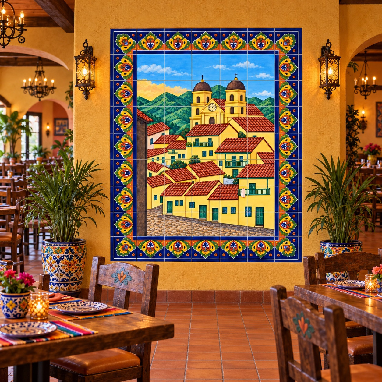 Mexican tile mural with colonial village in a Mexican restaurant with colorful rustic accents.