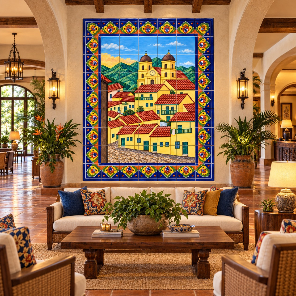 Mexican tile mural with colonial village in a boutique hotel lobby with colorful artisan styling.