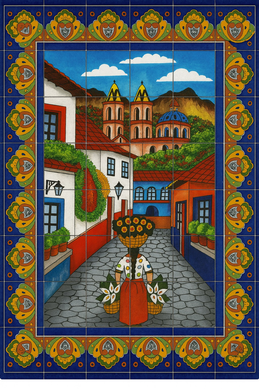 Mexican Tile Mural - Village and Woman with Flowers