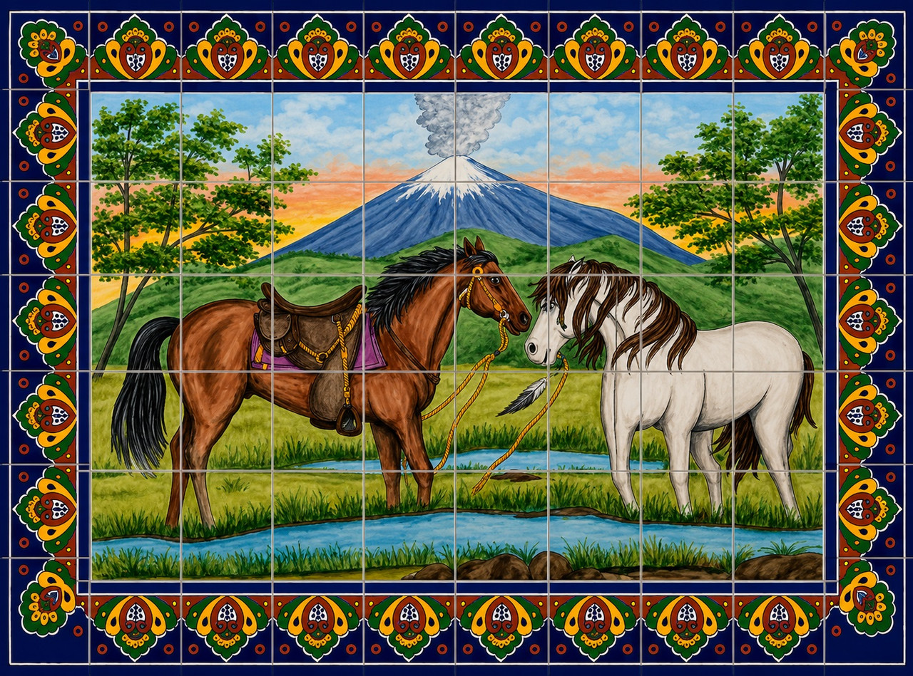 Volcano Horses Mexican Tile Mural – Hand-Painted Talavera Art