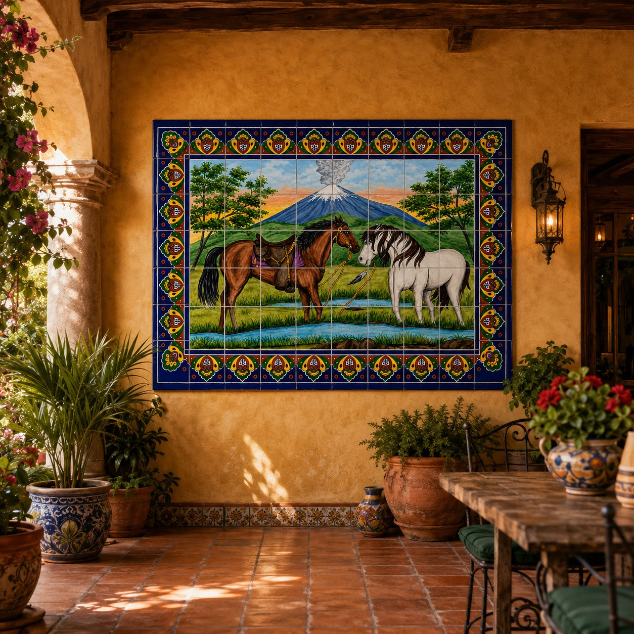 Volcano Horses Mexican Tile Mural – Hand-Painted Talavera Art