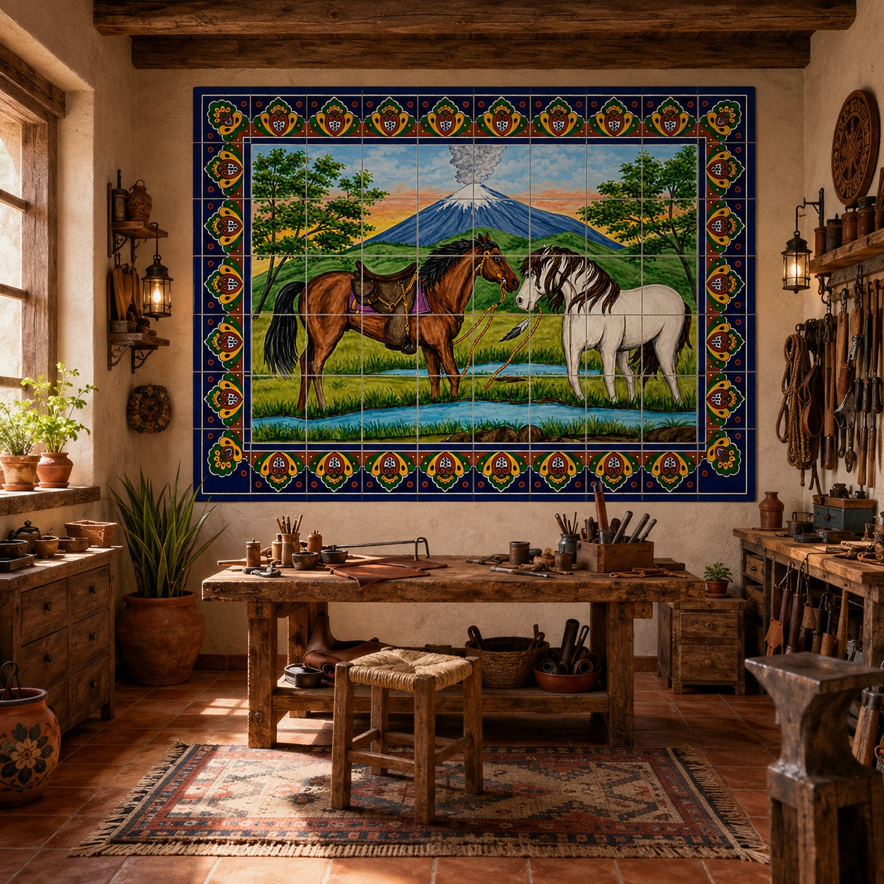 Volcano Horses Mexican Tile Mural – Hand-Painted Talavera Art