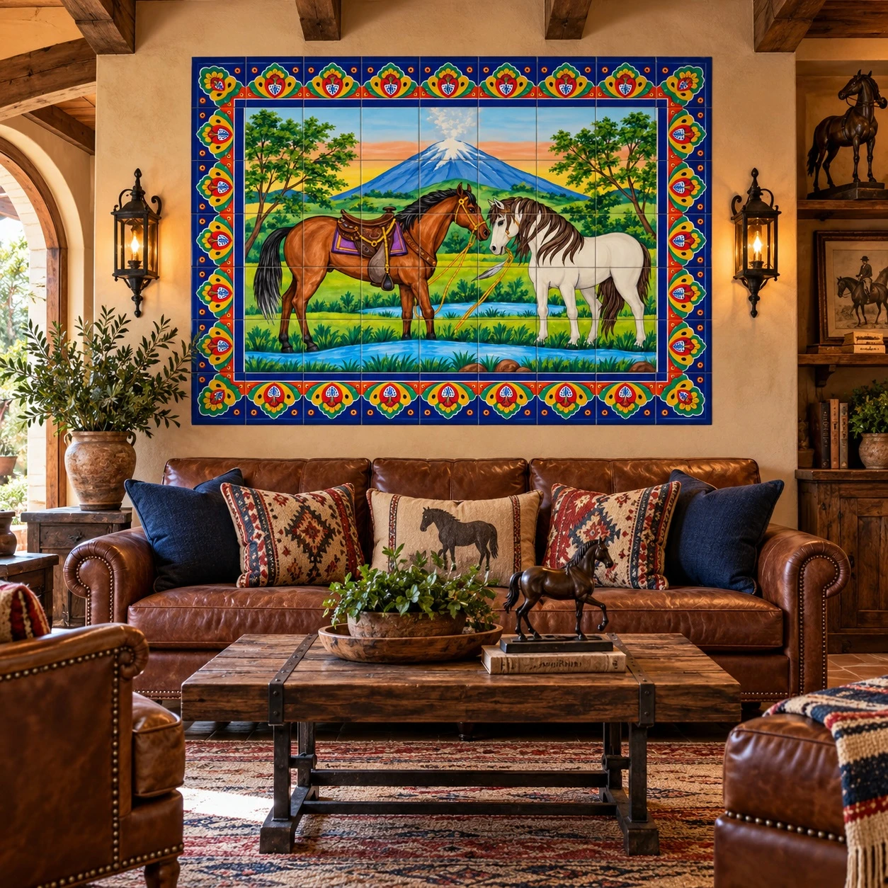 Volcano horses Mexican tile mural featured in an equestrian lounge with leather and wood accents.