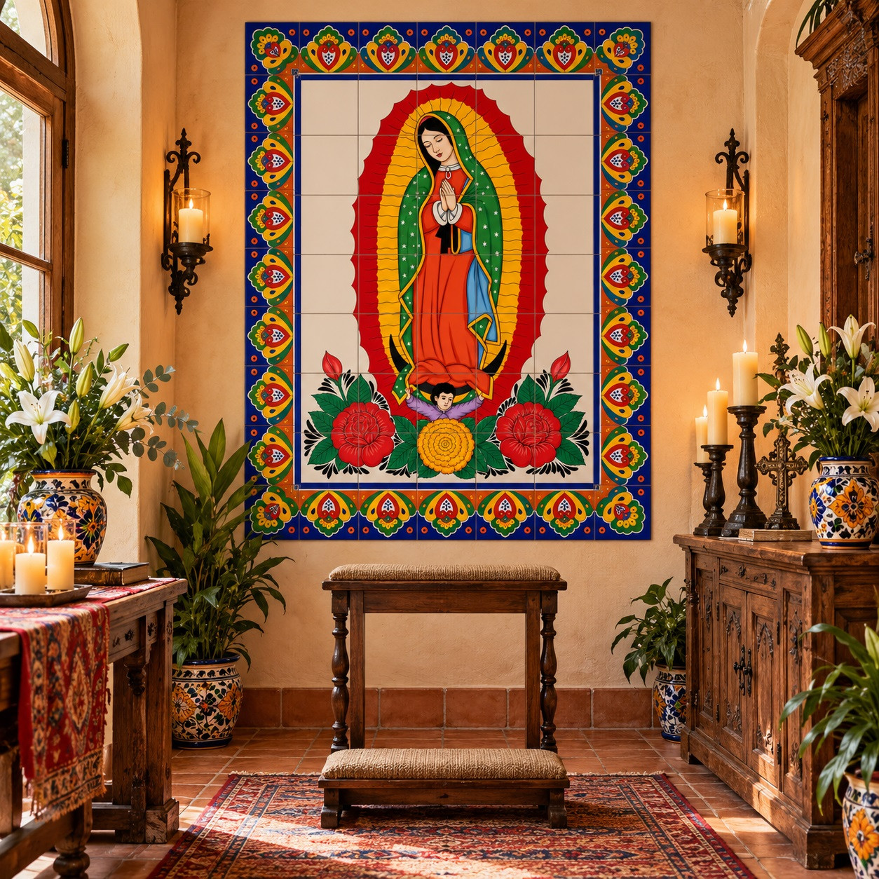 Mexican tile mural with virgen Guadalupe featured in a prayer room with warm traditional details.
