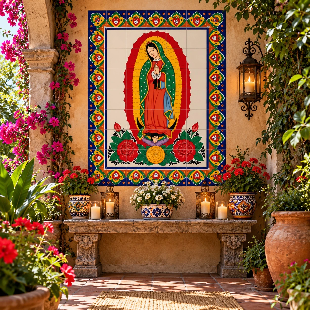 Mexican tile mural with virgen Guadalupe displayed in a garden sanctuary with lush greenery.