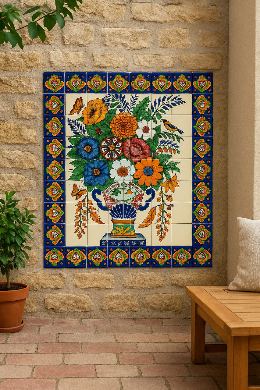 Mexican tile mural flower vase decorating a patio wall with vivid colors and hand painted artistry