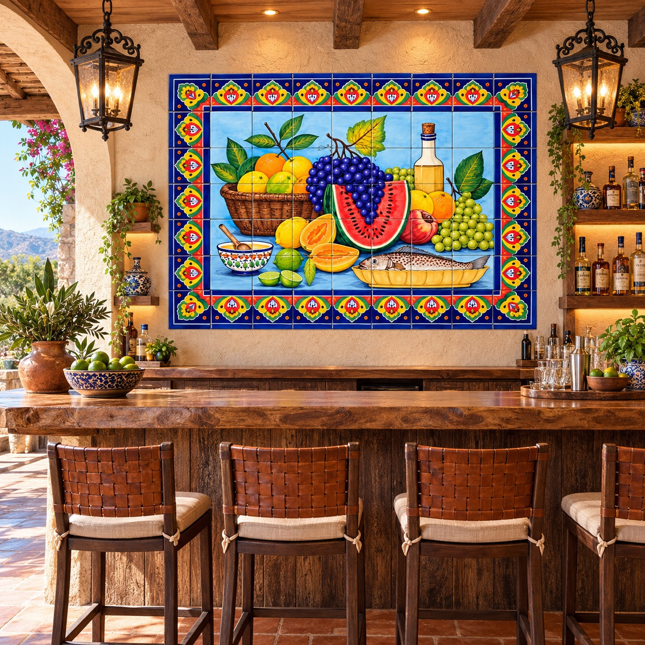 Talavera tile mural with fruit & fish in a rustic bar area with ceramic and wood accents.