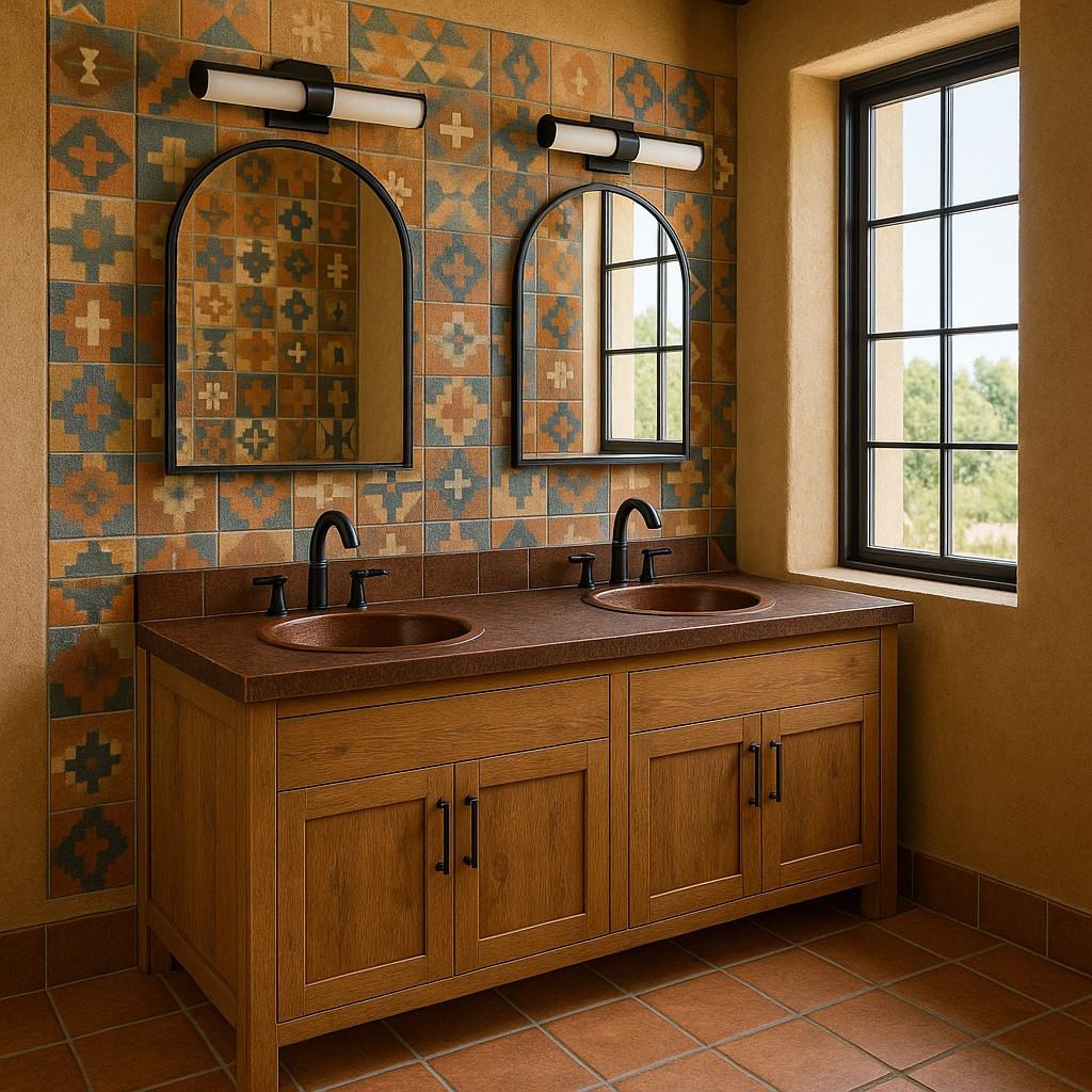 Southwestern bathroom double vanity with two copper sinks and copper countertop