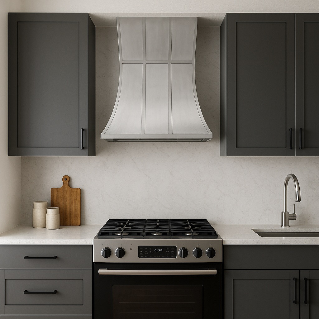 Smooth zinc range hood with refined bell silhouette in an industrial kitchen with dark cabinets and white tile backsplash