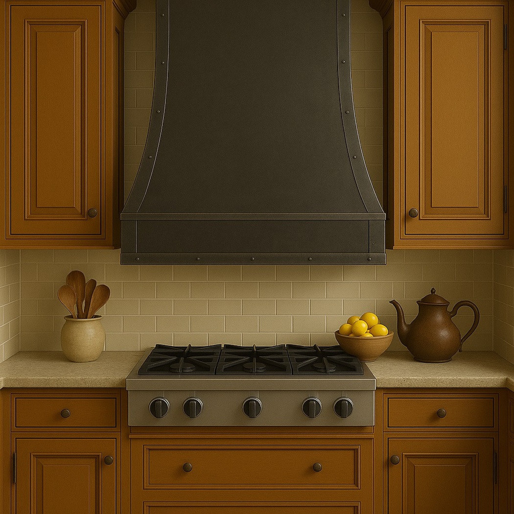 Dark zinc range hood with riveted vertical strap seams in a traditional European kitchen with aged details and Old World character