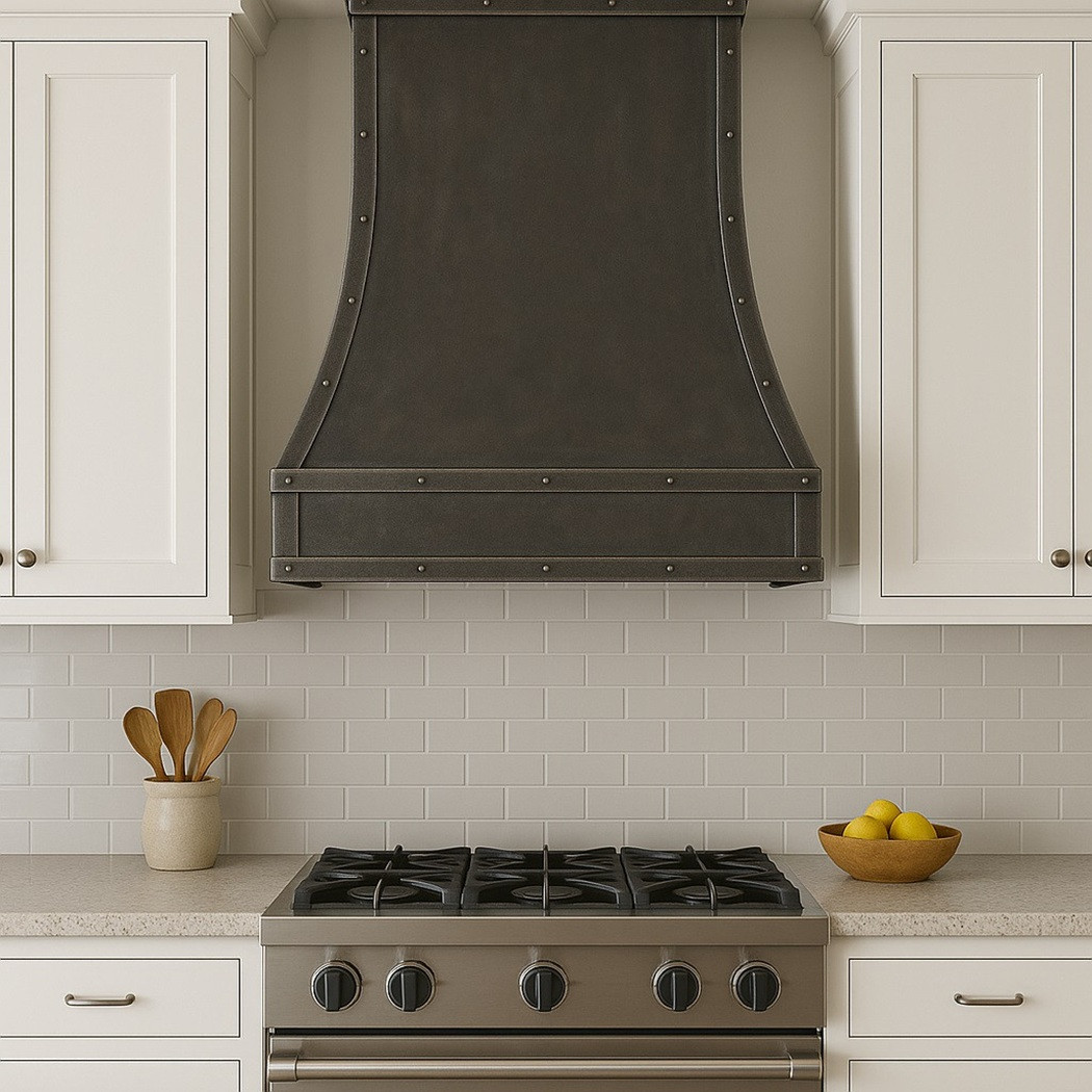 Dark zinc range hood with riveted vertical strap seams in a transitional kitchen with shaker cabinetry and soft neutral finishes