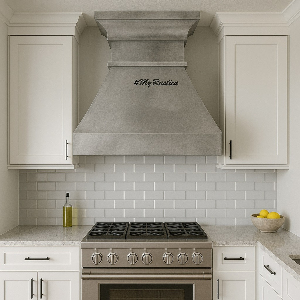 Zinc range hood with stepped crown molding in a transitional kitchen with soft whites, pale woods, matte black accents, and light quartz surfaces