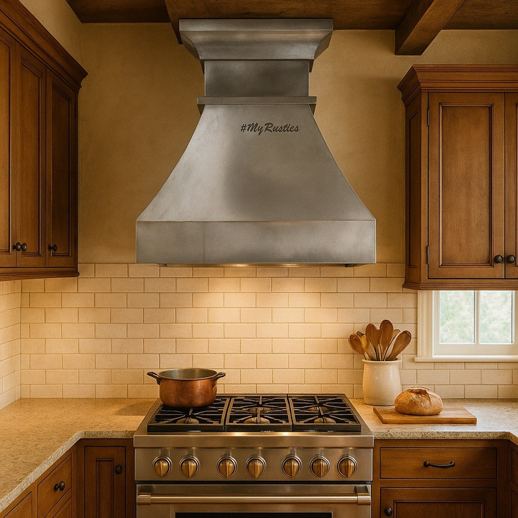 Zinc range hood with stepped crown molding in a modern rustic transitional kitchen with warm white cabinetry, honed stone surfaces, and light oak accents