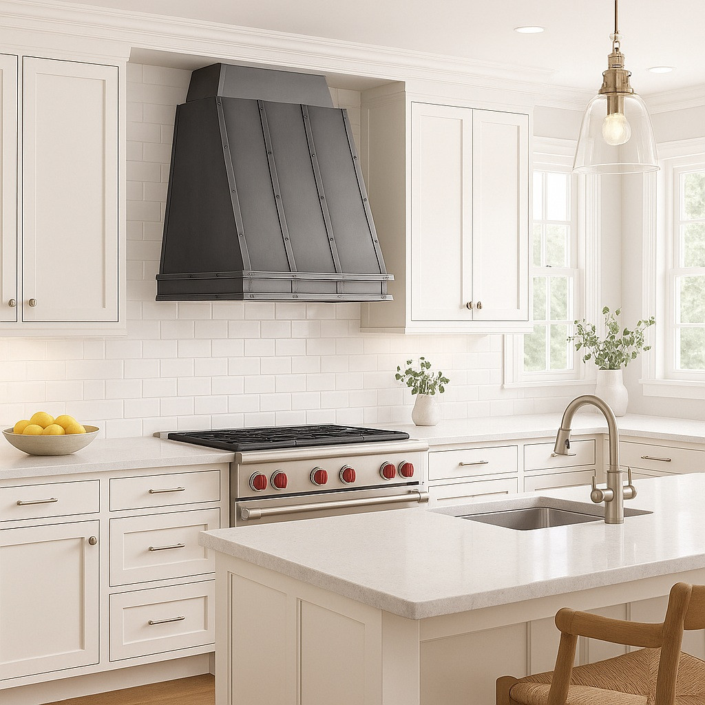 Natural zinc range hood with vintage design featured in a transitional kitchen with white cabinetry