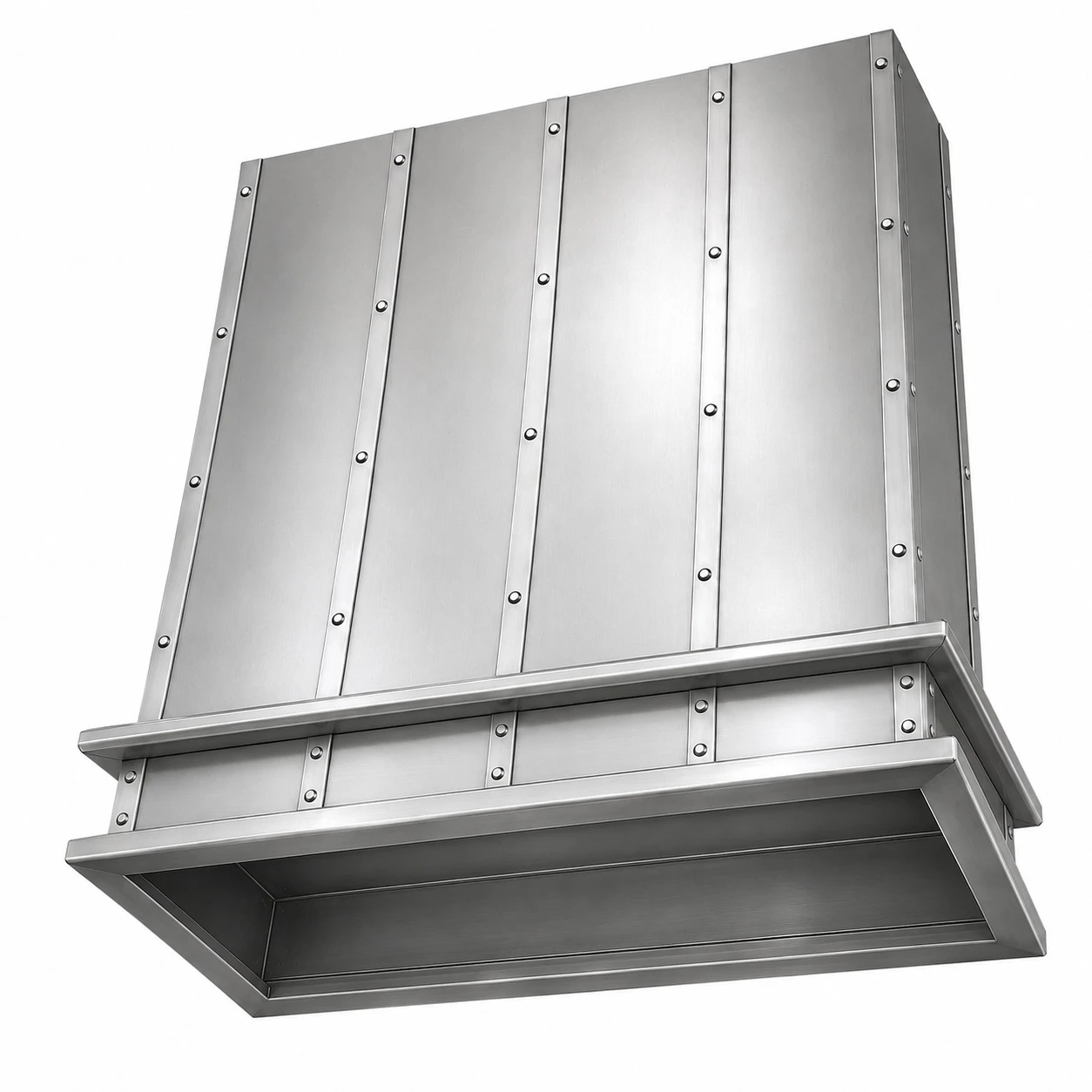 Underside view of natural zinc range hood showing insert opening preparation