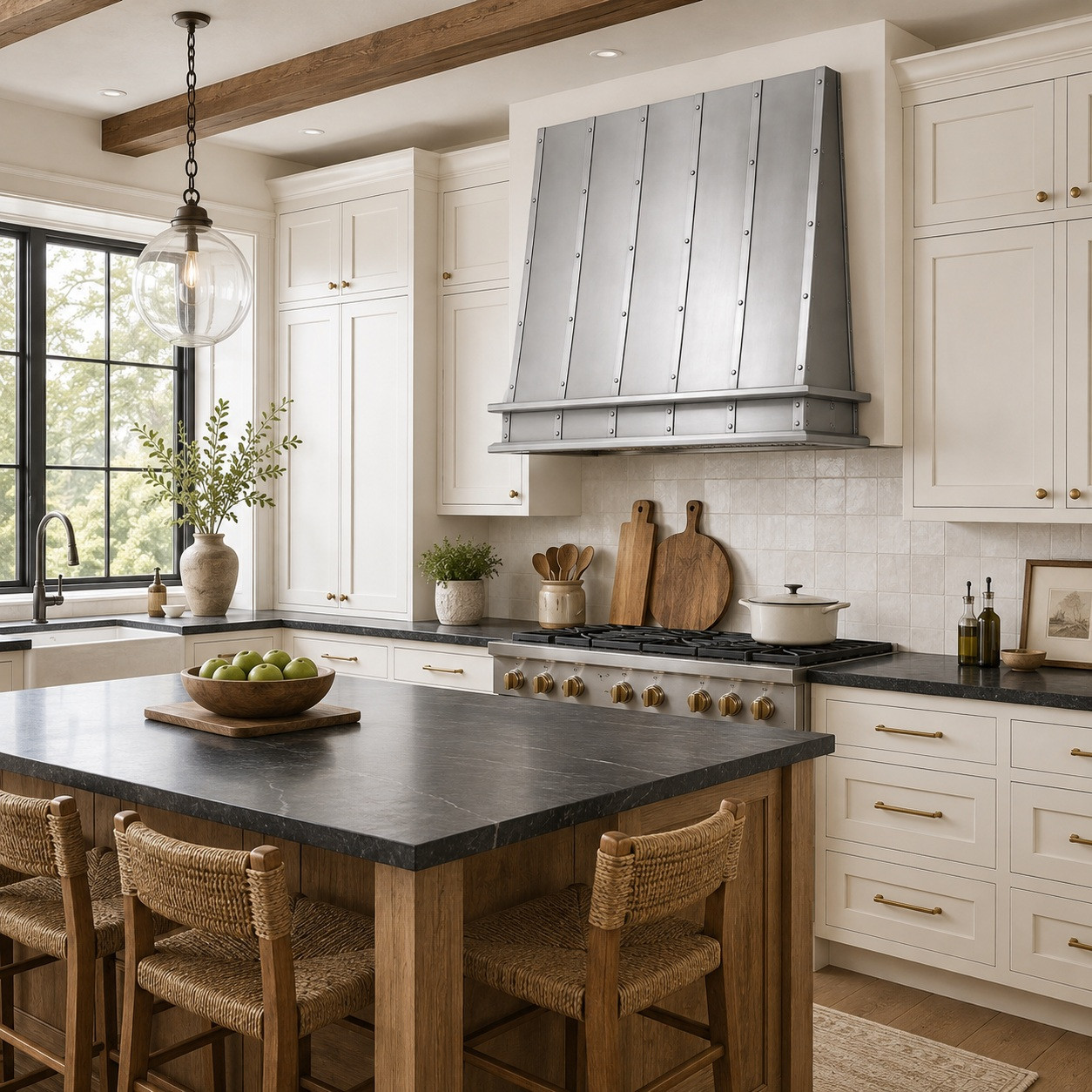 Natural zinc hood in a bright farmhouse kitchen with white cabinetry, oak, handmade tile and stone island