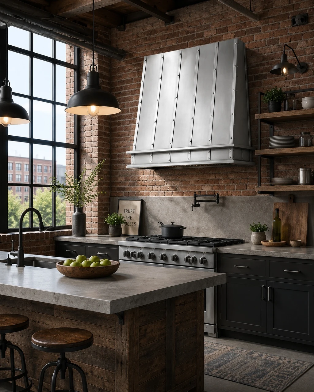 Industrial loft kitchen with natural zinc range hood, riveted straps, brick, steel windows, and timber