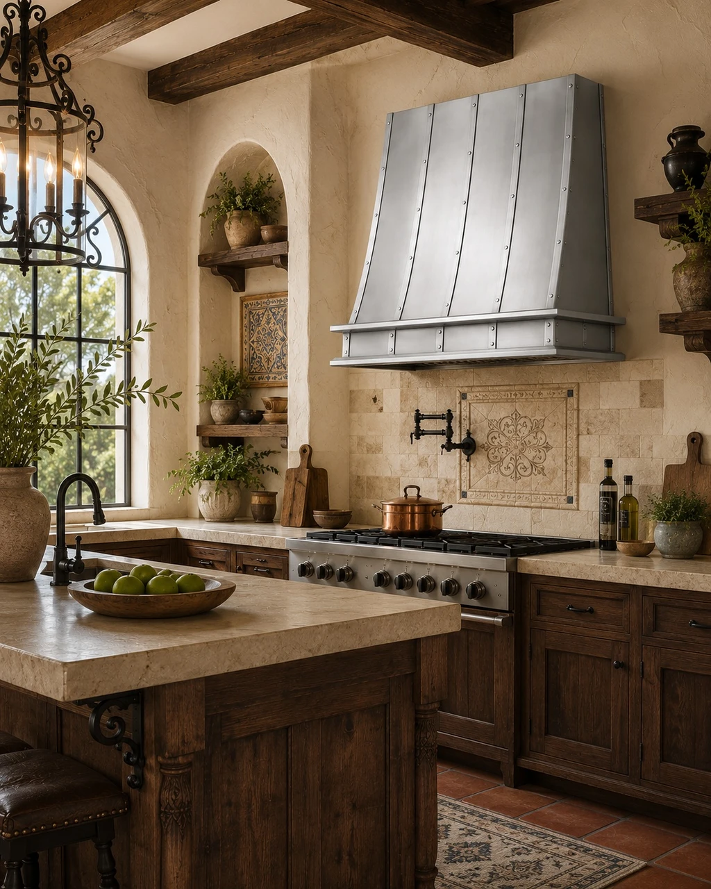 Spanish Colonial kitchen with natural zinc range hood, riveted straps, plaster, walnut, and Saltillo tile