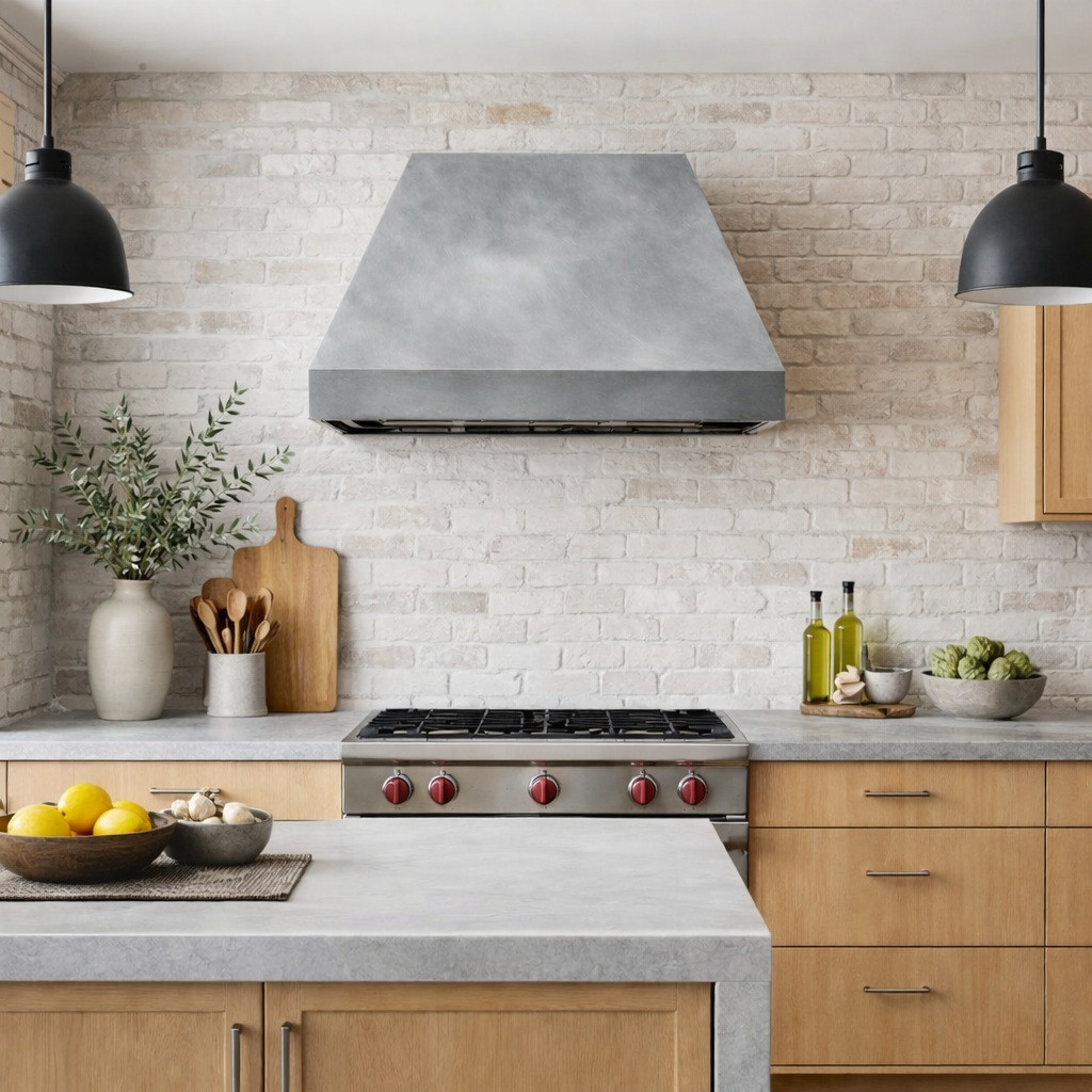 Angled view of a minimalist smooth zinc range hood with tapered silhouette in a modern industrial kitchen with olive accents