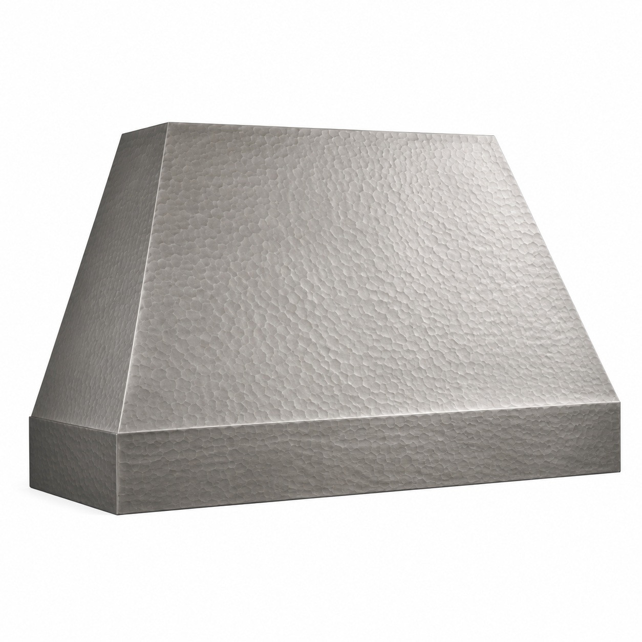 Minimalist hammered zinc range hood angled view showing the tapered canopy and squared apron on white