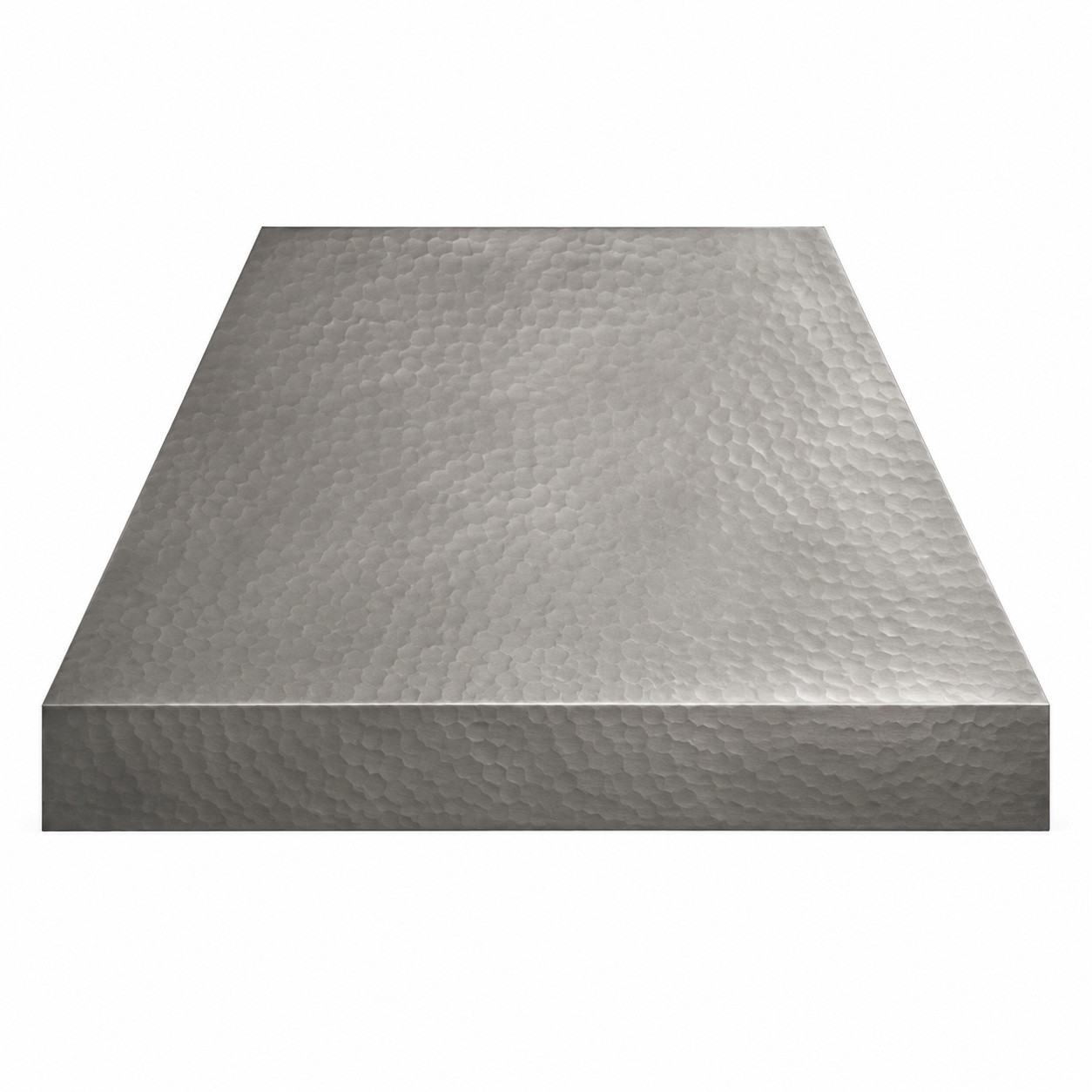 Minimalist hammered zinc range hood with tapered silhouette, squared apron, compact chimney, and soft gray finish