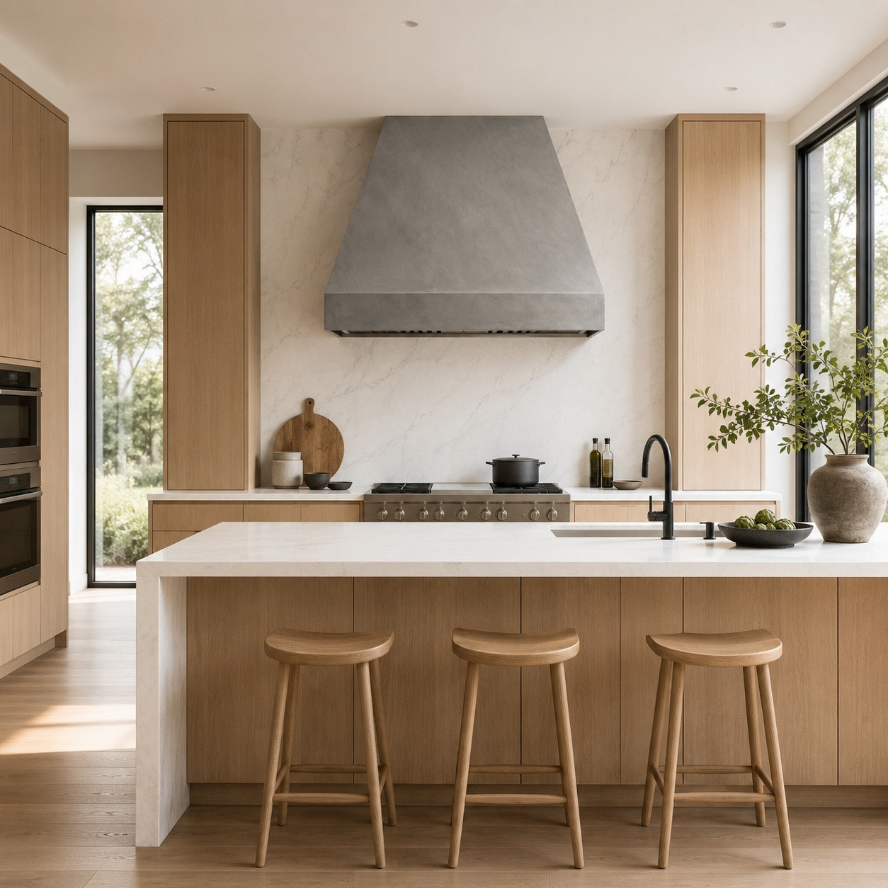Minimalist hammered zinc range hood in a bright modern kitchen with pale oak cabinets and white stone