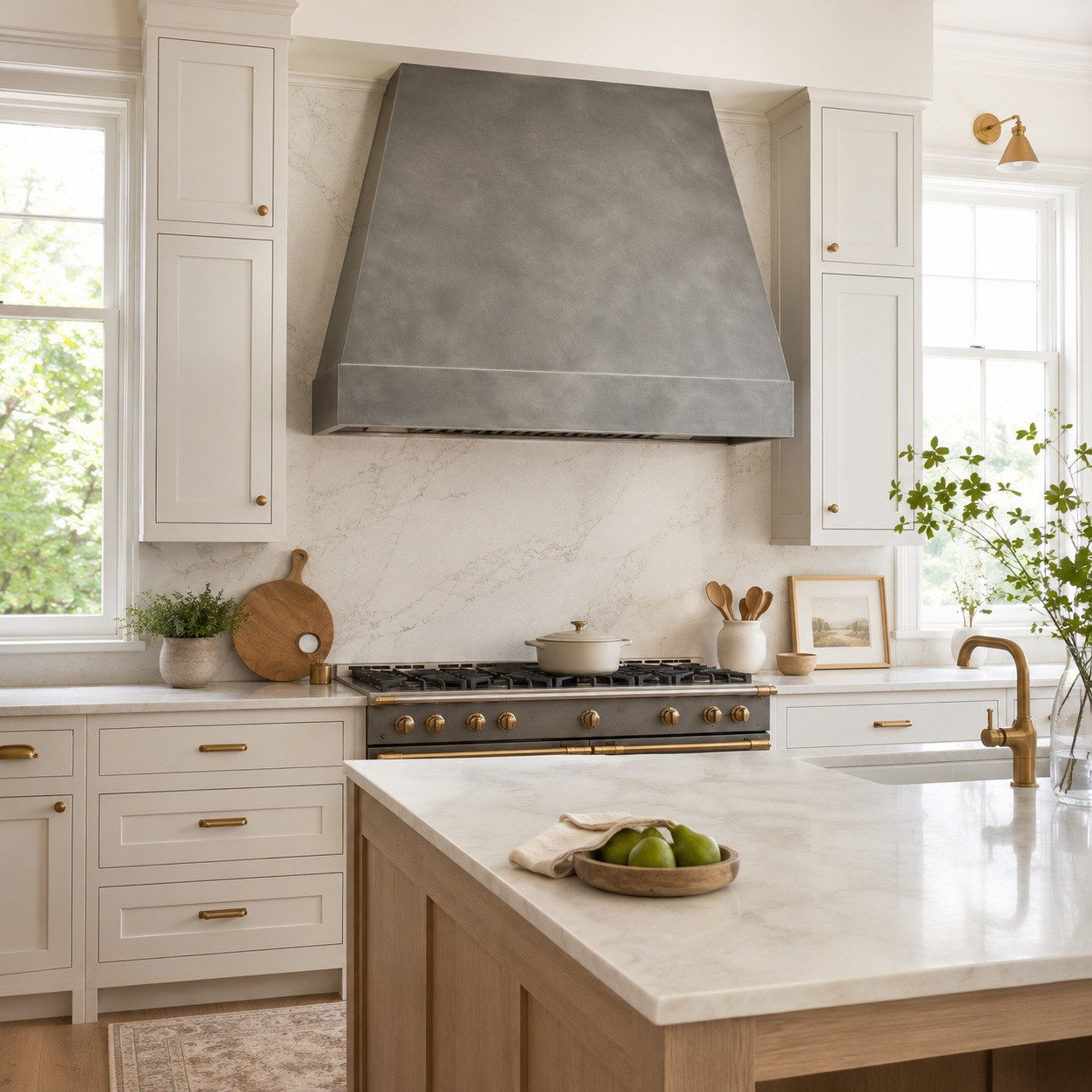 Transitional kitchen with minimalist hammered zinc range hood and tapered silhouette