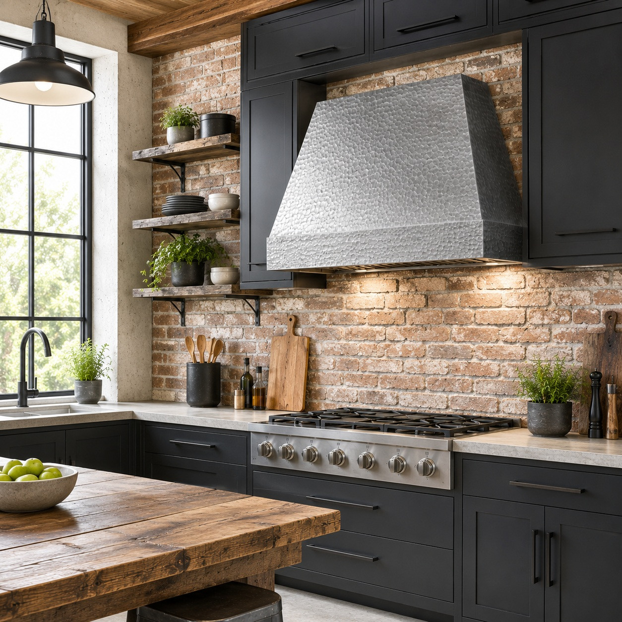 Industrial kitchen with minimalist hammered zinc range hood and tapered architectural profile
