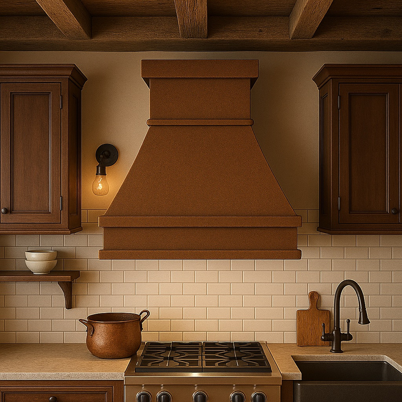 Made-to-order copper range hood in a rustic style kitchen