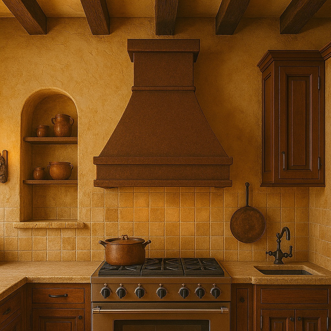 Made-to-order copper range hood in Tuscan style kitchen