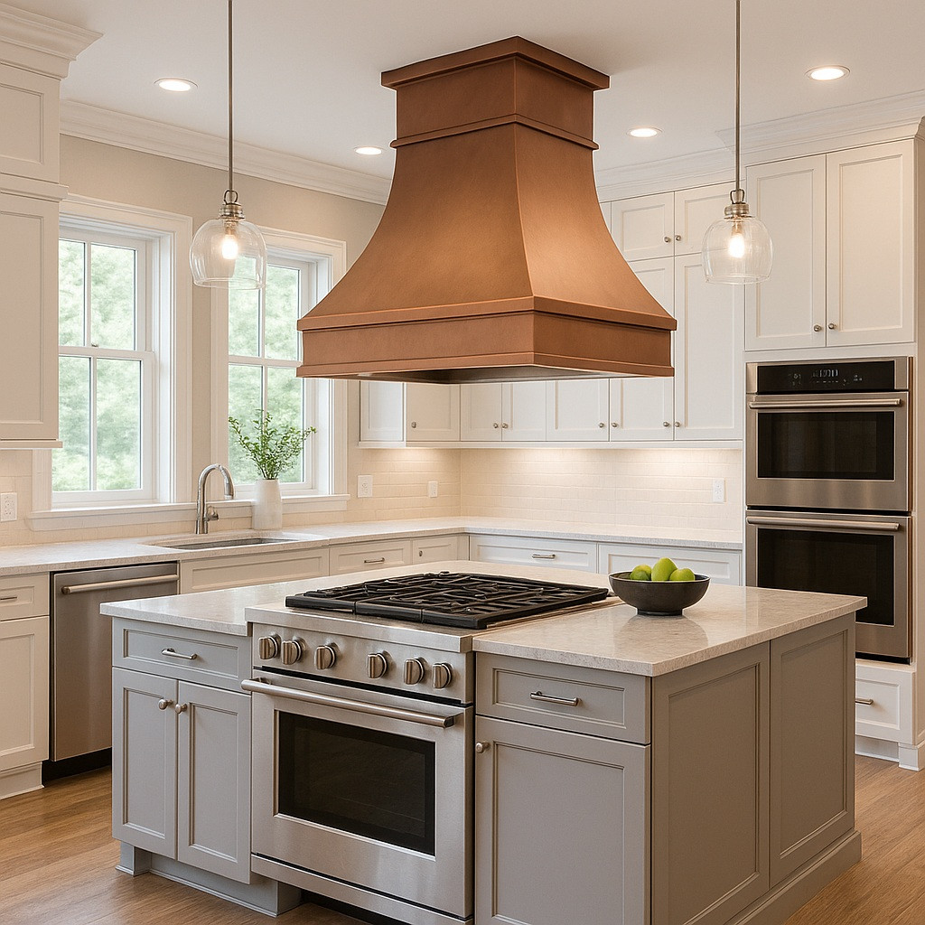 Kitchen island copper range hood in a transitional open-plan kitchen