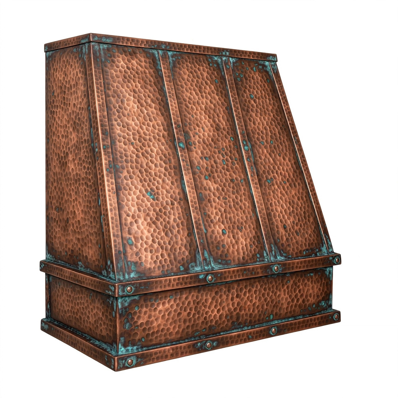 Under-cabinet copper hood with vertical straps, apron band, smooth hammered apron, oxidized accents
