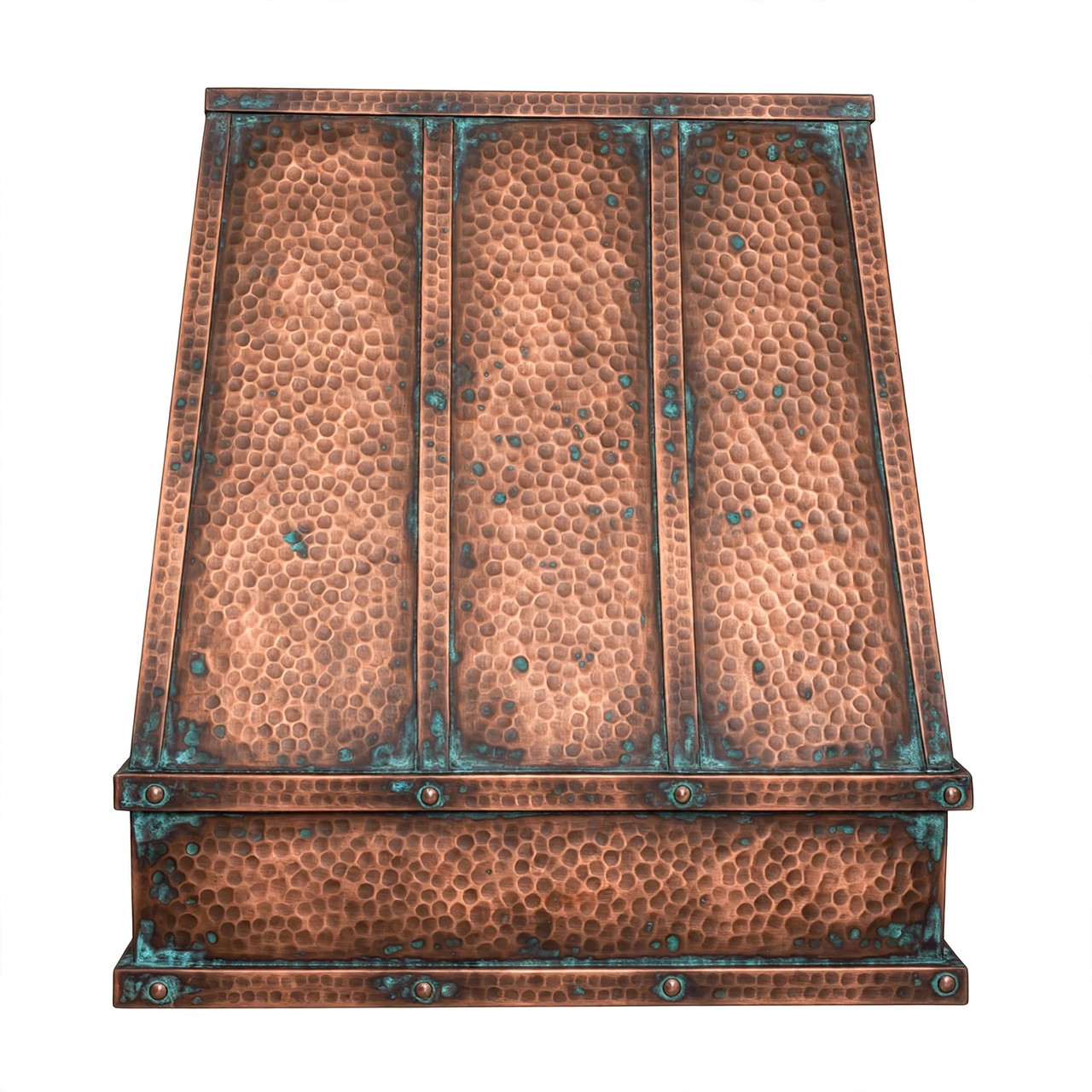 Sloping front under-cabinet copper range hood with vertical straps, apron, soft hammered, oxidized patina
