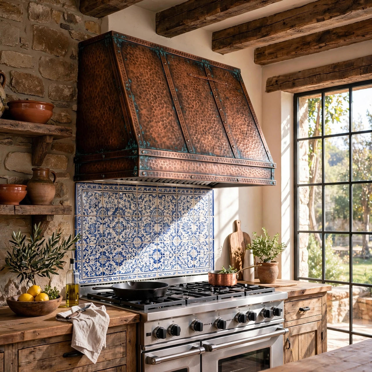 Rustic kitchen with under-cabinet copper range hood, verde straps, and fired patina