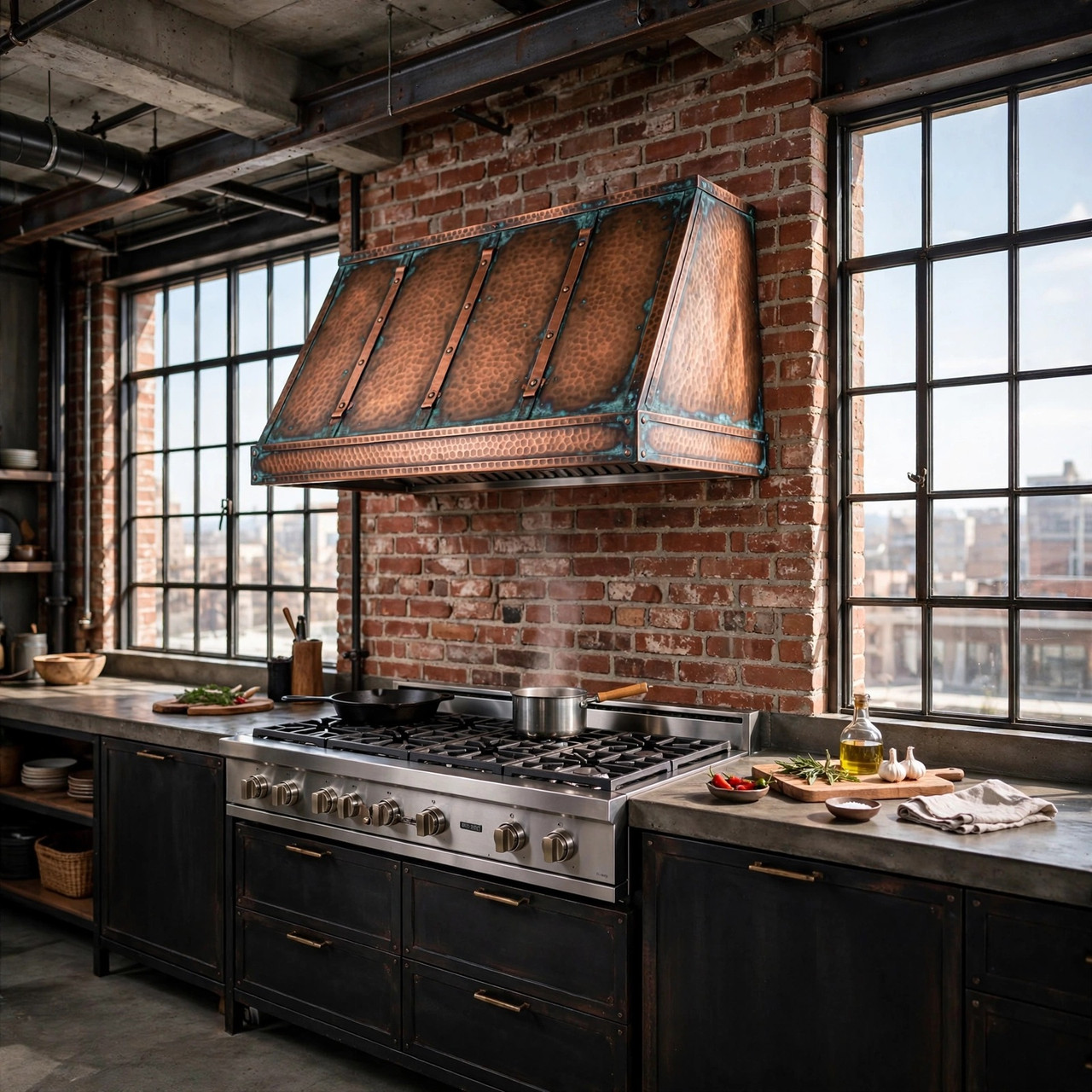 Industrial loft kitchen with under-cabinet copper range hood and verde straps