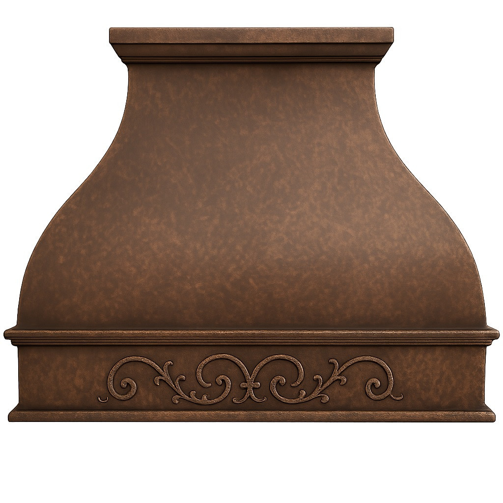 Copper range hood with apron scroll front view, smooth canopy with decorative scrollwork band and centered chimney