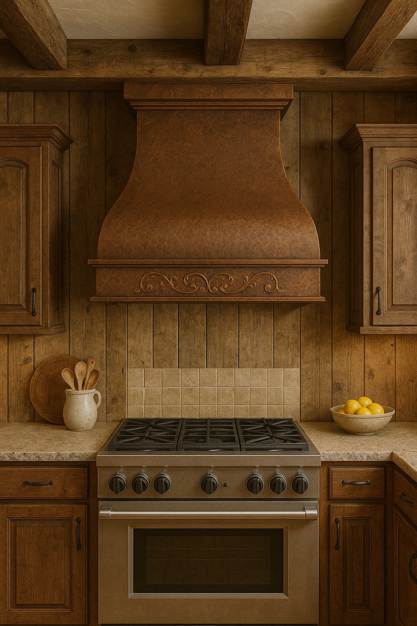 Copper range hood with apron scroll in rustic kitchen, smooth canopy with decorative band above range and wood beams and stone backsplash